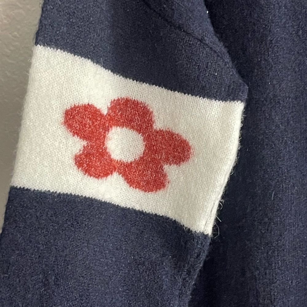 Anthropologie Sundry La Fleur Pullover Sweater Navy and Cream Stripe with Flower - Picture 7 of 8